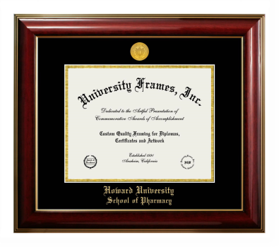 Howard University School of Pharmacy Diploma Frame in Classic Mahogany with Gold Trim with Black & Gold Mats for DOCUMENT: 8 1/2"H X 11"W  