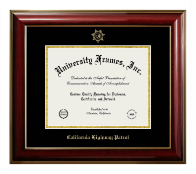 California Highway Patrol Diploma Frame in Classic Mahogany with Gold Trim with Black & Gold Mats for DOCUMENT: 8 1/2"H X 11"W  