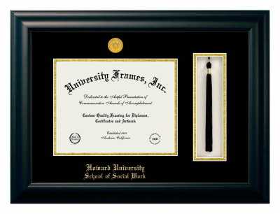 Howard University School of Social Work Diploma with Tassel Box Frame in Satin Black with Black & Gold Mats for DOCUMENT: 8 1/2"H X 11"W  