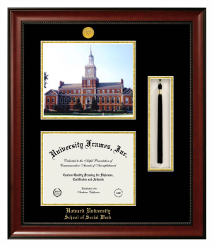 Howard University School of Social Work Double Opening with Campus Image & Tassel Box (Stacked) Frame in Avalon Mahogany with Black & Gold Mats for document: 8 1/2"h x 11"w  