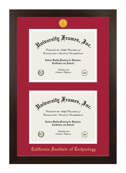 California Institute of Technology Double Diploma Frame in Manhattan Espresso with Crimson & White Mats for DOCUMENT: 8 1/2"H X 11"W  , DOCUMENT: 8 1/2"H X 11"W  