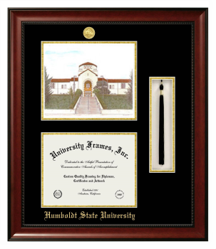 Humboldt State University Double Opening with Campus Image & Tassel Box (Stacked) Frame in Avalon Mahogany with Black & Gold Mats for document: 8 1/2"h x 11"w  