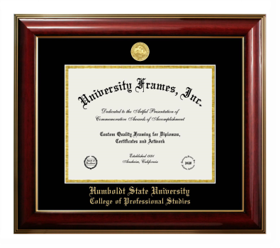 Humboldt State University College of Professional Studies Diploma Frame in Classic Mahogany with Gold Trim with Black & Gold Mats for document: 8 1/2"h x 11"w  