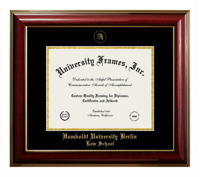 Humboldt University Berlin Law School Diploma Frame in Classic Mahogany with Gold Trim with Black & Gold Mats for DOCUMENT: 8 1/2"H X 11"W  