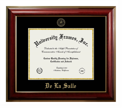 De La Salle Diploma Frame in Classic Mahogany with Gold Trim with Black & Gold Mats for document: 8 1/2"h x 11"w  