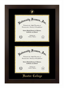 Hunter College (CUNY) Double Degree (Stacked) Frame in Manhattan Espresso with Black & Gold Mats for DOCUMENT: 8 1/2"H X 11"W  , DOCUMENT: 8 1/2"H X 11"W  