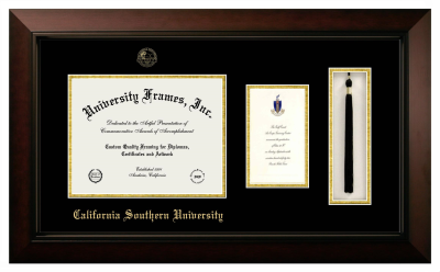 California Southern University Diploma with Announcement & Tassel Box Frame in Legacy Black Cherry with Black & Gold Mats for document: 8 1/2"h x 11"w  , diploma: 7"h x 4"w  