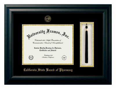 California State Board of Pharmacy Diploma with Tassel Box Frame in Satin Black with Black & Gold Mats for document: 8 1/2"h x 11"w  