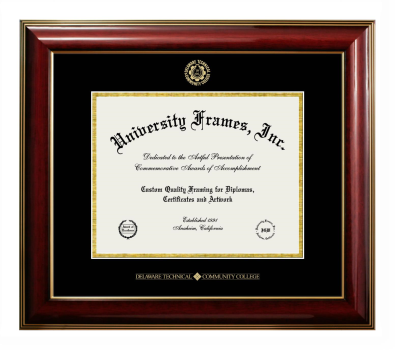 Delaware Technical Community College Diploma Frame in Classic Mahogany with Gold Trim with Black & Gold Mats for document: 8 1/2"h x 11"w  