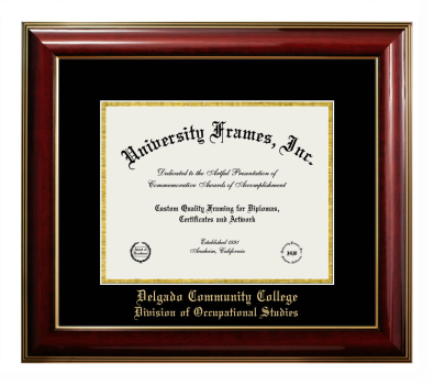 Delgado Community College Division of Occupational Studies Diploma Frame in Classic Mahogany with Gold Trim with Black & Gold Mats for DOCUMENT: 8 1/2"H X 11"W  