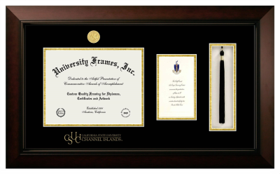 California State University, Channel Islands Diploma with Announcement & Tassel Box Frame in Legacy Black Cherry with Black & Gold Mats for document: 8 1/2"h x 11"w  , diploma: 7"h x 4"w  