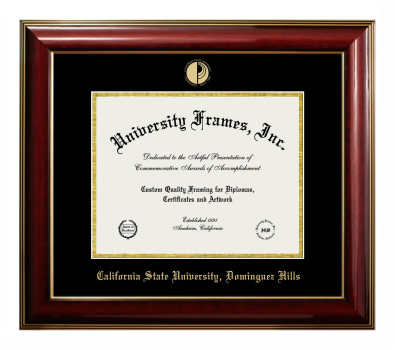 California State University, Dominguez Hills Diploma Frame in Classic Mahogany with Gold Trim with Black & Gold Mats for DOCUMENT: 8 1/2"H X 11"W  