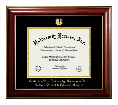 California State University, Dominguez Hills College of Natural & Behavioral Sciences Diploma Frame in Classic Mahogany with Gold Trim with Black & Gold Mats for DOCUMENT: 8 1/2"H X 11"W  