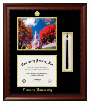 Denison University Double Opening with Campus Image & Tassel Box (Stacked) Frame in Avalon Mahogany with Black & Gold Mats for document: 8 1/2"h x 11"w  