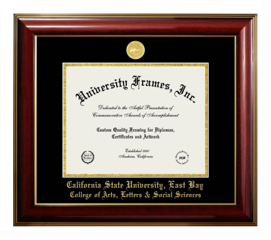 California State University, East Bay College of Arts, Letters & Social Sciences Diploma Frame in Classic Mahogany with Gold Trim with Black & Gold Mats for document: 8 1/2"h x 11"w  