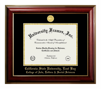 California State University, East Bay College of Arts, Letters & Social Sciences Diploma Frame in Classic Mahogany with Gold Trim with Black & Gold Mats for DOCUMENT: 8 1/2"H X 11"W  