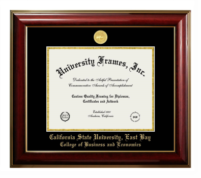 California State University, East Bay College of Business and Economics Diploma Frame in Classic Mahogany with Gold Trim with Black & Gold Mats for DOCUMENT: 8 1/2"H X 11"W  