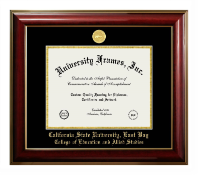 California State University, East Bay College of Education and Allied Studies Diploma Frame in Classic Mahogany with Gold Trim with Black & Gold Mats for DOCUMENT: 8 1/2"H X 11"W  