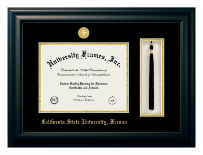California State University, Fresno Diploma with Tassel Box Frame in Satin Black with Black & Gold Mats for DOCUMENT: 8 1/2"H X 11"W  