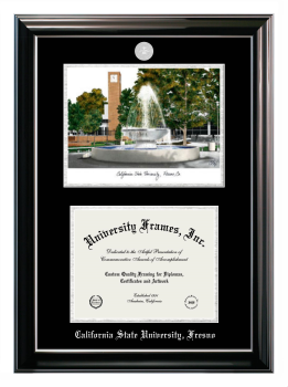California State University, Fresno Double Opening with Campus Image (Stacked) Frame in Classic Ebony with Silver Trim with Black & Silver Mats for DOCUMENT: 8 1/2"H X 11"W  