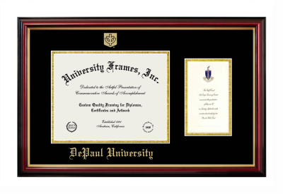 DePaul University Diploma with Announcement Frame in Petite Mahogany with Gold Trim with Black & Gold Mats for DOCUMENT: 8 1/2"H X 11"W  ,  7"H X 4"W  