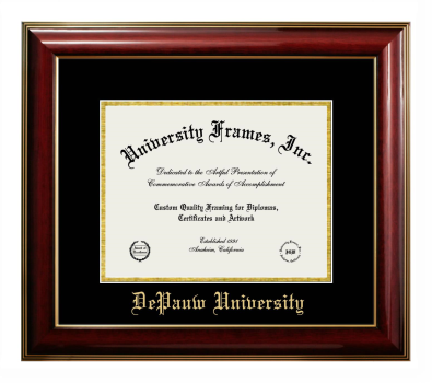 DePauw University Diploma Frame in Classic Mahogany with Gold Trim with Black & Gold Mats for DOCUMENT: 8 1/2"H X 11"W  