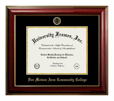 Des Moines Area Community College Diploma Frame in Classic Mahogany with Gold Trim with Black & Gold Mats for DOCUMENT: 8 1/2"H X 11"W  