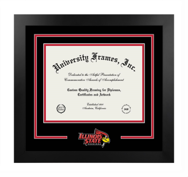 Illinois State University Logo Mat Frame in Manhattan Black with Black & Red Mats for DOCUMENT: 8 1/2"H X 11"W  