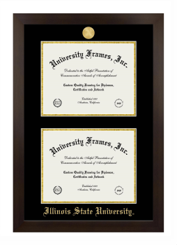 Illinois State University Double Degree (Stacked) Frame in Manhattan Espresso with Black & Gold Mats for document: 8 1/2"h x 11"w  , document: 8 1/2"h x 11"w  