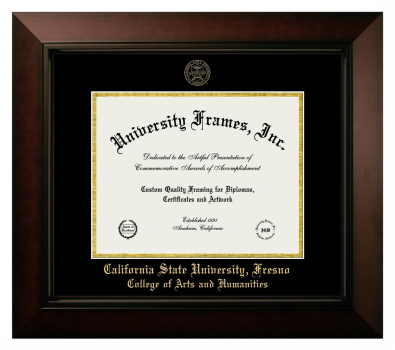 California State University, Fresno College of Arts and Humanities Diploma Frame in Legacy Black Cherry with Black & Gold Mats for DOCUMENT: 8 1/2"H X 11"W  