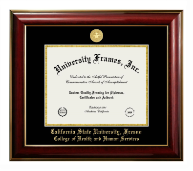 California State University, Fresno College of Health and Human Services Diploma Frame in Classic Mahogany with Gold Trim with Black & Gold Mats for DOCUMENT: 8 1/2"H X 11"W  