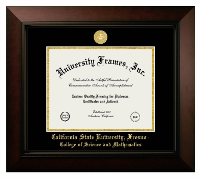California State University, Fresno College of Science and Mathematics Diploma Frame in Legacy Black Cherry with Black & Gold Mats for DOCUMENT: 8 1/2"H X 11"W  