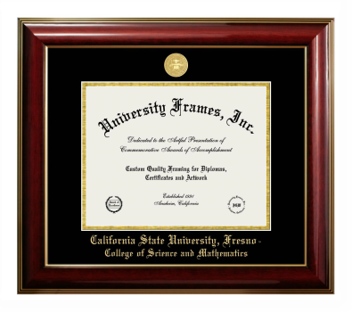 California State University, Fresno College of Science and Mathematics Diploma Frame in Classic Mahogany with Gold Trim with Black & Gold Mats for DOCUMENT: 8 1/2"H X 11"W  