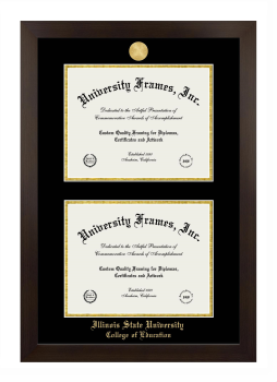Illinois State University College of Education Double Degree (Stacked) Frame in Manhattan Espresso with Black & Gold Mats for document: 8 1/2"h x 11"w  , document: 8 1/2"h x 11"w  