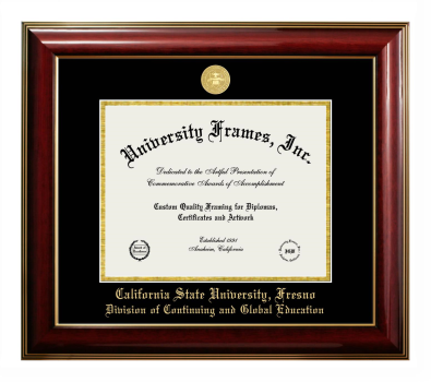 California State University, Fresno Division of Continuing and Global Education Diploma Frame in Classic Mahogany with Gold Trim with Black & Gold Mats for DOCUMENT: 8 1/2"H X 11"W  