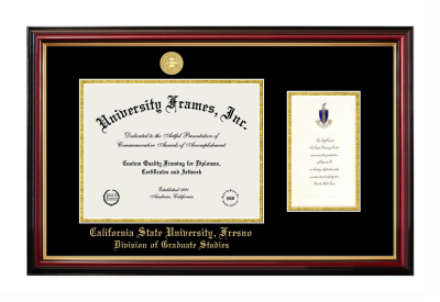 California State University, Fresno Division of Graduate Studies Diploma with Announcement Frame in Petite Mahogany with Gold Trim with Black & Gold Mats for document: 8 1/2"h x 11"w  , diploma: 7"h x 4"w  