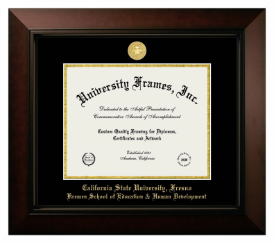 California State University, Fresno Kremen School of Education & Human Development Diploma Frame in Legacy Black Cherry with Black & Gold Mats for DOCUMENT: 8 1/2"H X 11"W  