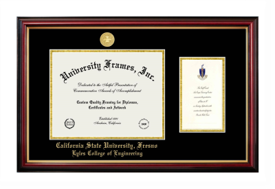 California State University, Fresno Lyles College of Engineering Diploma with Announcement Frame in Petite Mahogany with Gold Trim with Black & Gold Mats for document: 8 1/2"h x 11"w  , diploma: 7"h x 4"w  