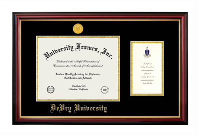 DeVry University Diploma with Announcement Frame in Petite Mahogany with Gold Trim with Black & Gold Mats for DOCUMENT: 8 1/2"H X 11"W  ,  7"H X 4"W  