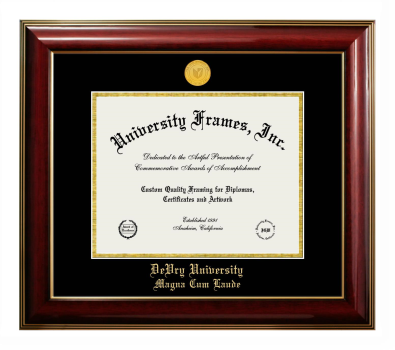 DeVry University Magna Cum Laude Diploma Frame in Classic Mahogany with Gold Trim with Black & Gold Mats for DOCUMENT: 8 1/2"H X 11"W  