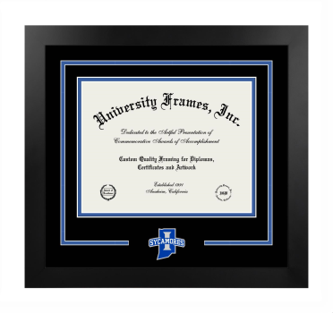 Indiana State University Logo Mat Frame in Manhattan Black with Black & Royal Blue Mats for document: 8 1/2"h x 11"w  