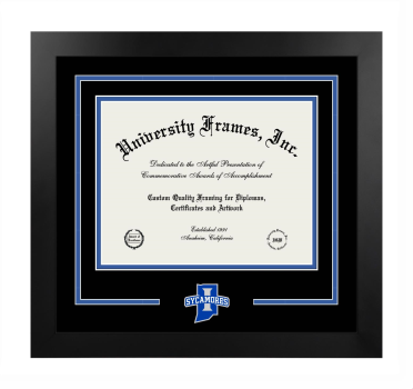 Indiana State University Logo Mat Frame in Manhattan Black with Black & Royal Blue Mats for DOCUMENT: 8 1/2"H X 11"W  