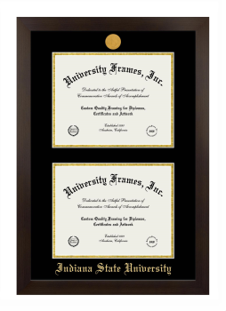 Indiana State University Double Degree (Stacked) Frame in Manhattan Espresso with Black & Gold Mats for document: 8 1/2"h x 11"w  , document: 8 1/2"h x 11"w  