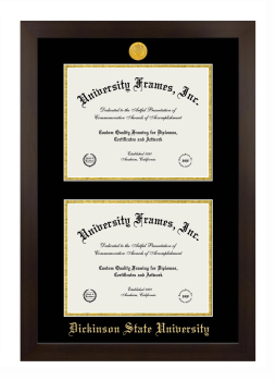 Dickinson State University Double Degree (Stacked) Frame in Manhattan Espresso with Black & Gold Mats for document: 8 1/2"h x 11"w  , document: 8 1/2"h x 11"w  