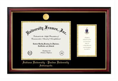 Indiana University - Purdue University - Indianapolis Diploma with Announcement Frame in Petite Mahogany with Gold Trim with Black & Gold Mats for document: 8 1/2"h x 11"w  , diploma: 7"h x 4"w  