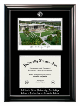 California State University, Northridge College of Engineering and Computer Science Double Opening with Campus Image (Stacked) Frame in Classic Ebony with Silver Trim with Black & Silver Mats for document: 8 1/2"h x 11"w  