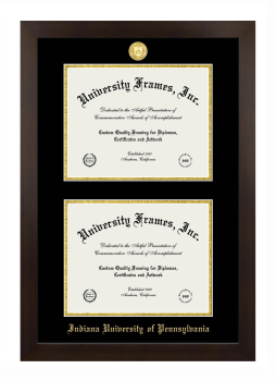 Indiana University of Pennsylvania Double Degree (Stacked) Frame in Manhattan Espresso with Black & Gold Mats for document: 8 1/2"h x 11"w  , document: 8 1/2"h x 11"w  