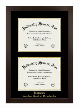 Diplomate American Board of Orthodontics Double Degree (Stacked) Frame in Manhattan Espresso with Black & Gold Mats for document: 8 1/2"h x 11"w  , document: 8 1/2"h x 11"w  