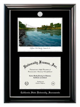 California State University, Sacramento Double Opening with Campus Image (Stacked) Frame in Classic Ebony with Silver Trim with Black & Silver Mats for DOCUMENT: 8 1/2"H X 11"W  