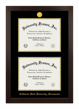 California State University, Sacramento Double Diploma Frame in Manhattan Espresso with Black & Gold Mats for  8 1/2"h x 11"w  ,  8 1/2"h x 11"w  